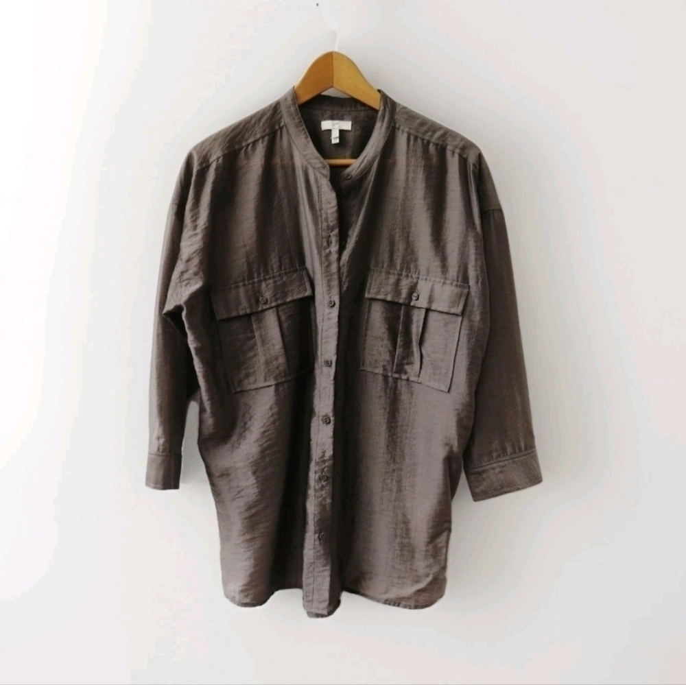 Joie Gray‎ Womens Gray Semi Sheer 3/4 Length Button Up Blouse Size Large